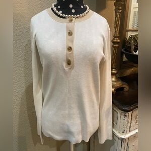 Loft Outlet Cream Henley Sweater with Tan Accents. Size XL